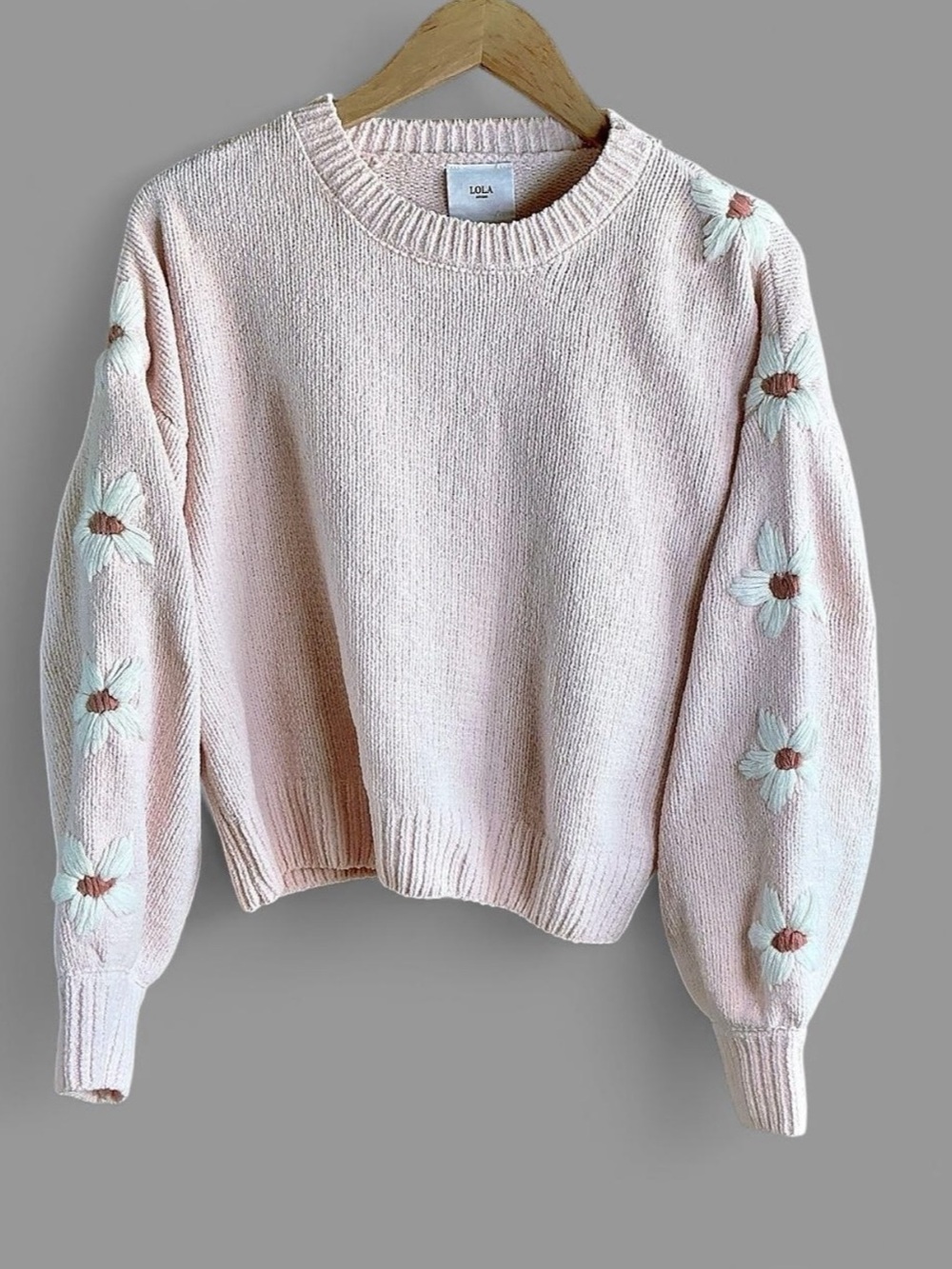 LOLA Pink Daisy Embroidered Sleeve Knit Sweater Size Medium Whimsical Hippie